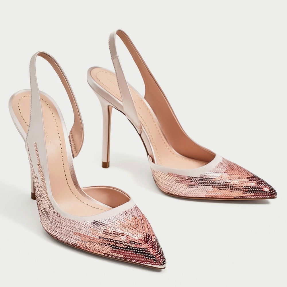 ZARA Sequined Pink & Rose Gold Slingback Heels